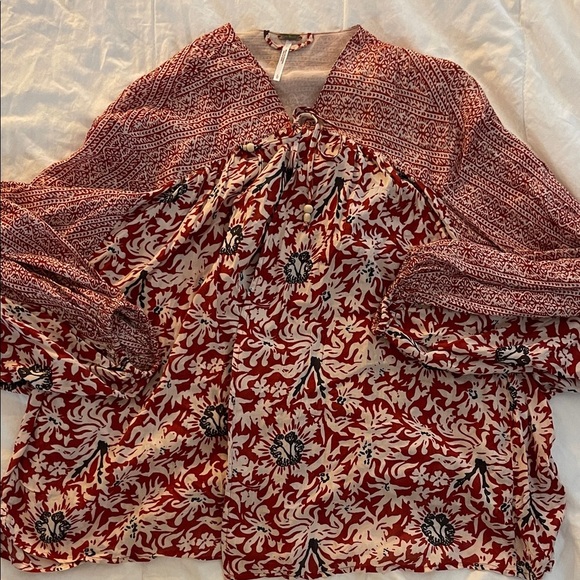 Free People Tops - Free People Red and Cream Floral tie front top